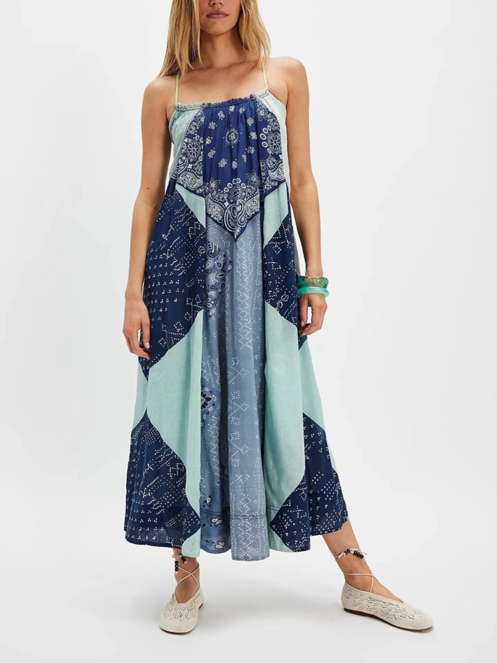 Free People Happy Days Patchwork Blue Multi Maxi Dress Size XS/S NWT